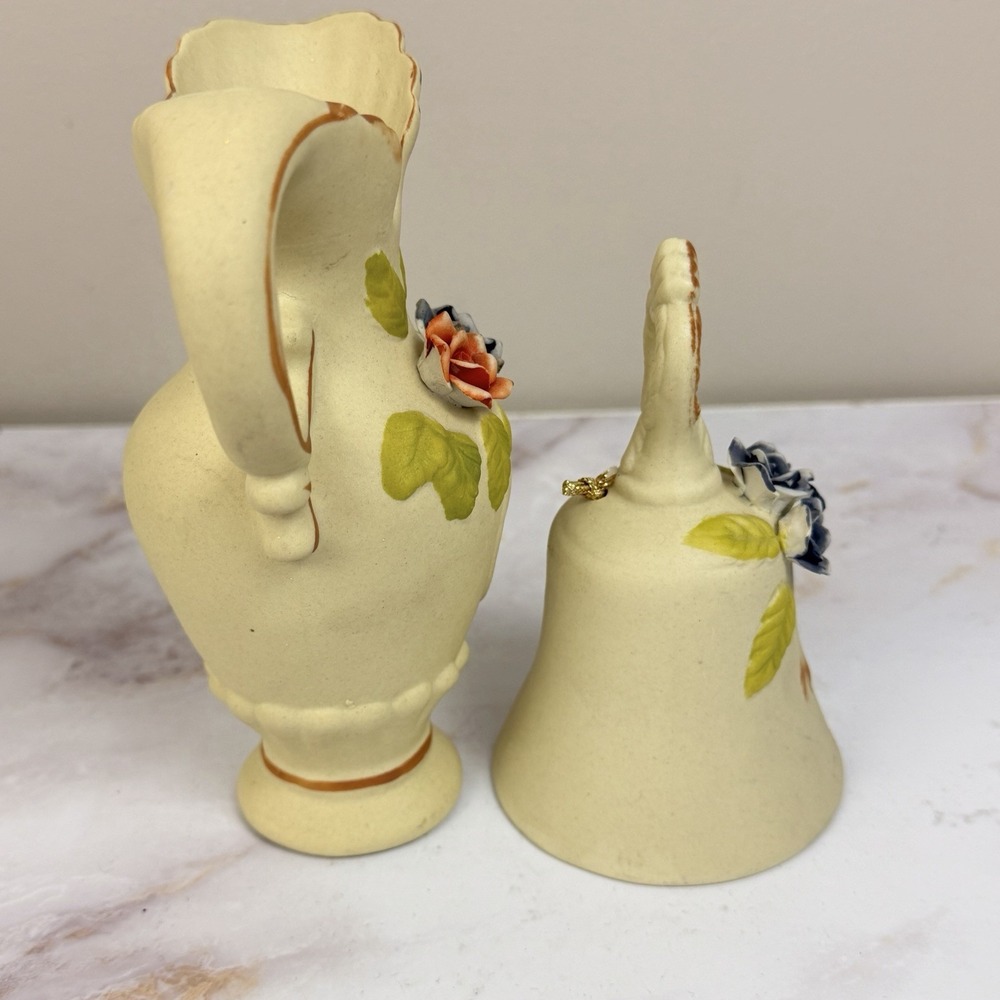 Flambro Porcelain Floral Pitcher Vase Bell Applied Roses Vintage Cottagecore Dec - Picture 5 of 10